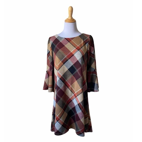 JH Brown/Red/Orange Plaid 3/4 Bell Sleeved Knee Length Dress- Size Medium - Picture 2 of 7